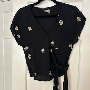 Madewell Black Daisy Wrap Blouse with Yellow Centers